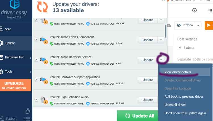 view and know the driver details to update manually