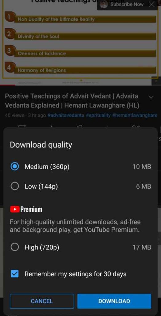 select video quality to download