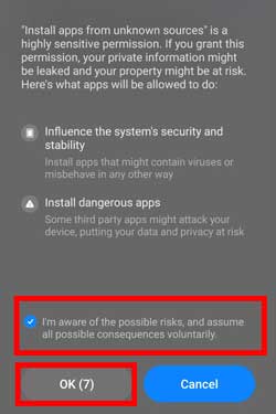 accept terms to install unverified apps