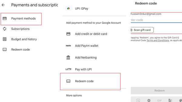 Go to payments and subscription to redeem play store redeem code